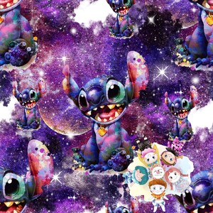 May include: A seamless pattern featuring a blue cartoon character with large eyes and a wide smile, set against a purple and white galaxy background with stars. The character is repeated throughout the pattern, with some instances showing the character with a pink and blue watercolor effect.