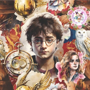 以下が含まれることがあります： ハリーポッター、ハーマイオニー・グレンジャー、そしてハリーポッターシリーズの他のキャラクターをフィーチャーした水彩画のイラスト。画像には、金色スニッチ、懐中時計、白いフクロウが含まれています。右上の隅には「La Fee Touche Tout Carole Bergeron」というテキストが表示されています。