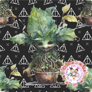 May include: A green, leafy, humanoid creature with a smiling face, sitting in a brown pot. The creature is surrounded by white triangle symbols on a black background. The text "La Fee Touche Tout Carole et Berenice" is in a pink circle with flowers.