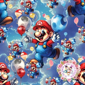 Peut inclure: Un motif coloré représentant un personnage de dessin animé, Mario, volant dans les airs avec des ballons. L'arrière-plan est un ciel bleu avec des nuages blancs. Les ballons sont rouges, bleus et blancs avec différents motifs.