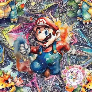 Peut inclure: Une illustration aquarelle d'un personnage de jeu vidéo, Mario, courant avec une expression déterminée. L'arrière-plan est un motif abstrait coloré avec un autocollant circulaire qui dit "La Fee Touche a Tout Carole Bergeon".
