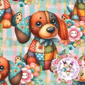 May include: A colorful patchwork dog toy with a blue bow, surrounded by pink, yellow, and white flowers. The background is a blue and pink plaid pattern. The text "La Fee Touche Tout Carole Bergeron" is visible in the lower right corner.