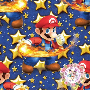 Peut inclure: Illustration numérique d'un personnage de jeu vidéo, Mario, portant une chemise rouge et une salopette bleue, lançant des boules de feu sur un fond bleu avec des étoiles dorées.