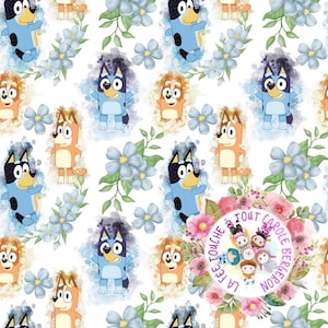 May include: A seamless pattern featuring cartoon dogs with blue, orange, and red fur. The dogs are surrounded by watercolor-style blue flowers and green leaves. The text "La Fée Touche Tout Carole Bergeron" is in a circle with pink and white flowers.