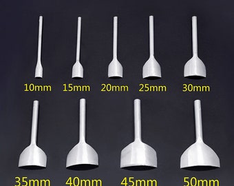 May include: Set of 10 silver leather hole punch tools, ranging in size from 10mm to 50mm. The tools are arranged in two rows on a black surface.
