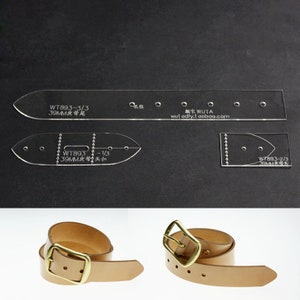 May include: A leather belt with a brass buckle. The belt is 39 mm wide and has a pointed end. The image also shows a template for making the belt, which includes the belt tail, buckle, and belt tip.