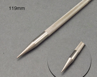 May include: A silver metal tool with a pointed tip and a textured handle. The tool is 119mm long.