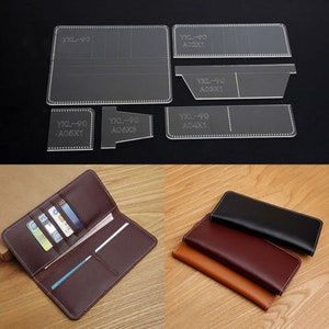 May include: A set of clear plastic templates for making a leather wallet. The templates are labeled with different sizes and letters. The image also shows a finished leather wallet with multiple card slots and a billfold.