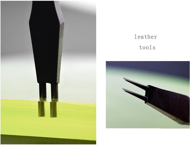 May include: Close-up of a black leather tool with two prongs. The tool is being used to punch holes in a piece of yellow leather.  leather tools
