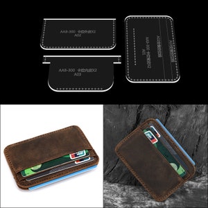 May include: A brown leather wallet with two card slots and a stitched edge. The wallet is shown closed and open with cards inside. The image also shows a template for making the wallet.