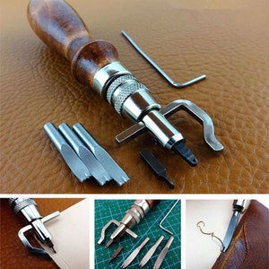 May include: A leather stitching tool with a wooden handle and a metal stitching awl. The tool comes with a variety of stitching needles and a small wrench for adjusting the awl.
