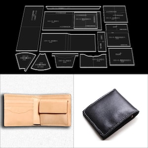 May include: A leather wallet template pattern with a black and white design. The template is laid out on a black surface. There are two finished wallets, one is tan leather and the other is black leather.