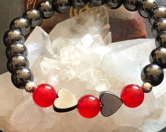 Hematite, Heart, Ruby, July Birthstone Beaded, Gemstone Bracelet