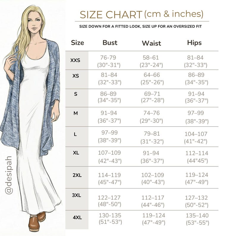 May include: A size chart illustration featuring a sketch of a person wearing a white maxi dress and a blue cardigan. The chart displays bust, waist, and hip measurements in both centimetres and inches for sizes XXS through 4XL, with the text @desipah.