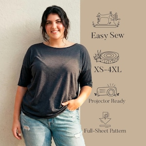 May include: A woman wearing a dark gray, short-sleeved top and light blue jeans. The image includes text that says "Easy Sew", "XS-4XL", "Projector Ready", and "Full-Sheet Pattern".