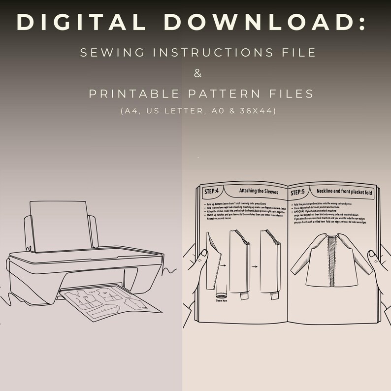 May include: A digital download for sewing instructions and printable pattern files in A4, US Letter, A0 and 36x44 sizes. The graphic shows a printer outputting pattern pieces and an open instruction manual detailing steps for sleeve and placket assembly.