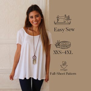 May include: A white short-sleeved top with a scoop neckline and a long pendant necklace featuring a circular charm with hanging feathers. The image includes text: Easy Sew, XXS-4XL, and Full-Sheet Pattern, alongside icons of a sewing machine.