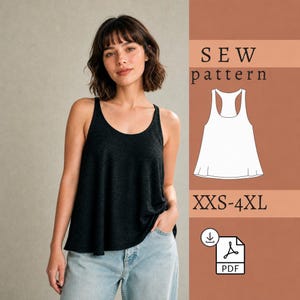 Könnte beinhalten: Ein schwarzes ärmelloses Tanktop mit Rundhalsausschnitt und ausgestelltem Saum. Das Bild enthält den Text SEW pattern, eine weiße Strichzeichnung des Tanktops, die Größen XXS-4XL und ein Download-Symbol mit dem Text PDF.