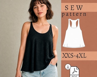 May include: A black sleeveless tank top with a scoop neckline and a flared hem. The image includes text reading SEW pattern, a white line drawing of the tank top, the size range XXS-4XL, and a download icon with the text PDF.