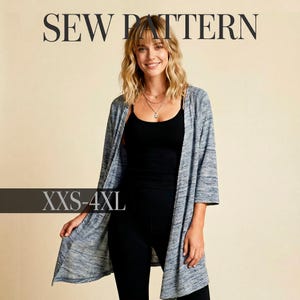 May include: A blue and white heathered open-front cardigan with three-quarter length sleeves, worn over a black tank top and black leggings. The image includes the text SEW PATTERN at the top and XXS-4XL across the middle section.