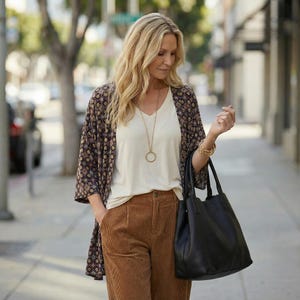 May include: A cream-coloured V-neck top, a dark patterned open-front kimono with three-quarter sleeves, brown corduroy trousers, a long gold-tone necklace with a circular pendant, a stack of gold-tone bracelets, and a large black leather tote bag.