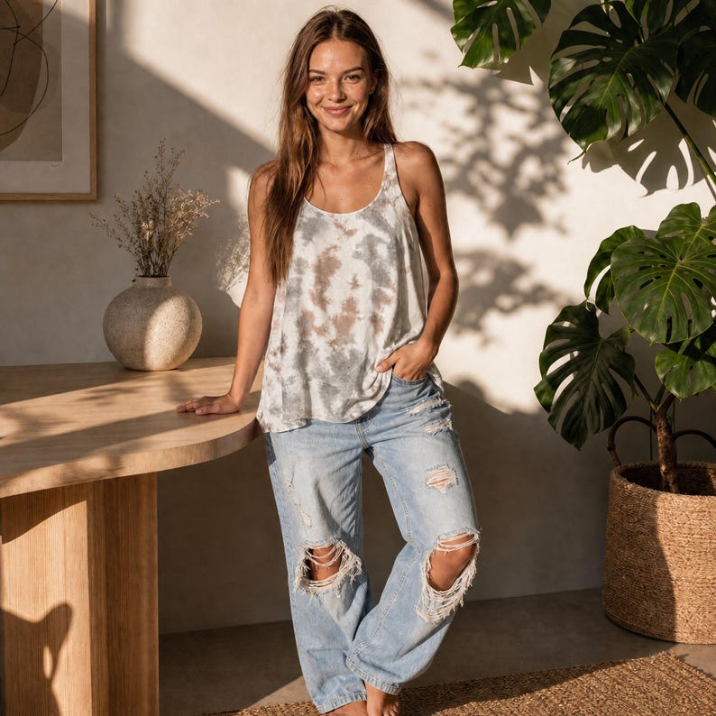 Puede incluir: Una camiseta sin mangas con un patr&oacute;n tie-dye en tonos marr&oacute;n, gris y blanco, combinada con unos vaqueros de mezclilla azul claro con detalles desgastados y rotos en las rodillas y una silueta holgada y relajada.