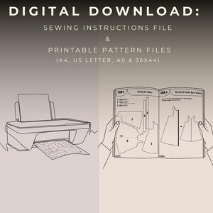 Puede incluir: Descarga digital que contiene instrucciones de costura y archivos de patrones imprimibles en tama&ntilde;os A4, US Letter, A0 y 36x44. El gr&aacute;fico muestra una impresora imprimiendo un patr&oacute;n y un manual de instrucciones abierto con diagramas de corte.