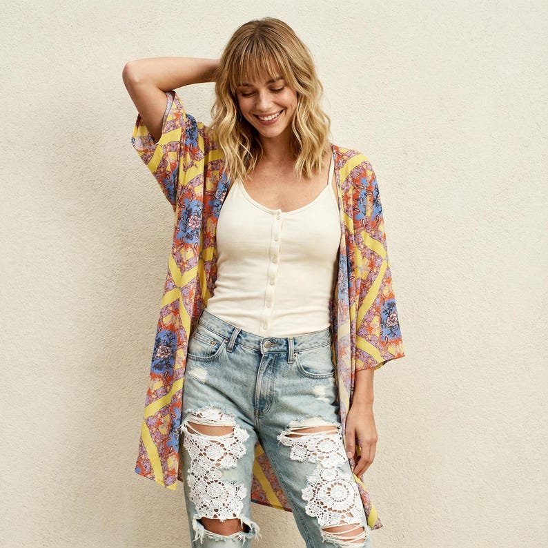 Digital Sewing Pattern Beach Kimono Cover Up Size Inclusive Design XXS Through 4XL Range Printable Download Project Beginner Friendly Instructions Summer Wardrobe Essential Swimsuit Cover Resort Wear Vacation Fashion Easy To Follow Steps