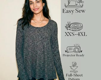 Loose Long Sleeve Top Sewing Pattern Beginner Friendly Easy Blouse Pdf Download Quarter Sleeve Shirt Short Sleeve T-shirt Plus Size Petit