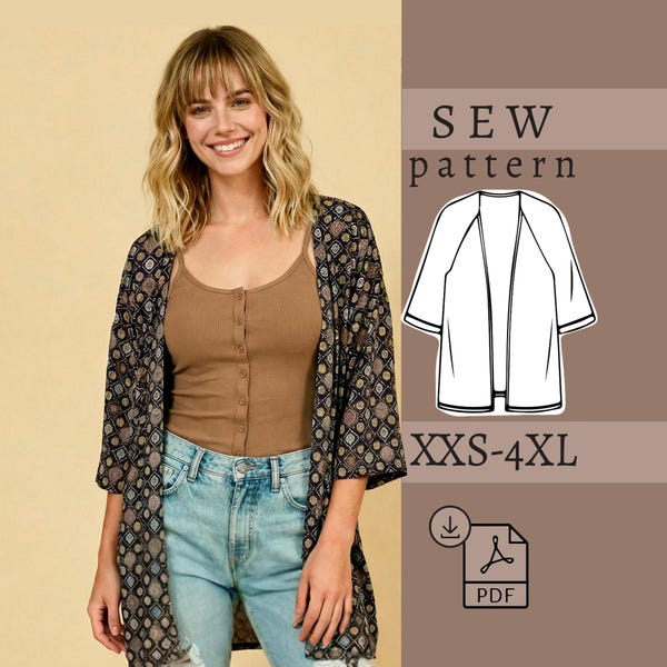 Open Kimono Pattern  Cardigan Sewing Pattern  Easy Sewing Tutorial  Duster Jacket Pattern  PDF Sewing Pattern  INSTANT DOWNLOAD