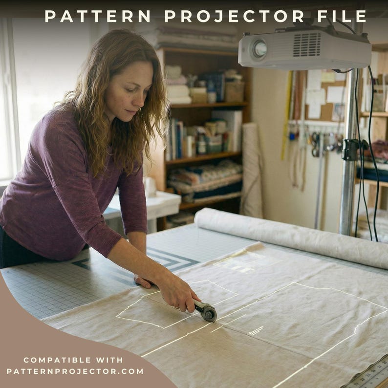 May include: A woman using a rotary cutter to cut fabric on a large cutting mat. A projector is mounted above, projecting a pattern onto the fabric. The text "PATTERN PROJECTOR FILE" and "COMPATIBLE WITH PATTERNPROJECTOR.COM" are visible.
