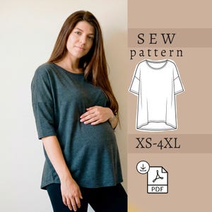 Patrón de camisa cuadrada para maternidad (PDF, proyecto de costura para principiantes), plantilla de camiseta informal, descarga digital, camiseta de punto holgada.