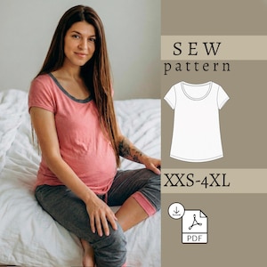 Könnte beinhalten: Eine Frau trägt einen rosa-grauen Umstandspyjama. Das Oberteil ist rosa mit grauem Besatz, und die Caprihose ist grau mit rosa Besatz. Das Bild enthält eine Nähvorlage mit dem Text "SEW pattern" und "XXS-4XL".