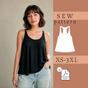 Puede incluir: Una persona lleva una camiseta sin mangas negra y vaqueros azules. La imagen incluye una ilustración blanca de una camiseta sin mangas y el texto "SEW pattern" y "XS-3XL". También hay un icono de descarga PDF.