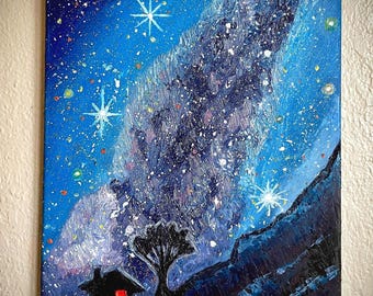 天の川ミニ油絵キャンバス、星空アート - Etsy 日本