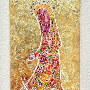 La Coronación de María (acrílico y pan de oro sobre cartón de 5,5 x 8,5 pulgadas), pintura religiosa original de la Santa Madre, arte de iconos católicos
