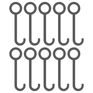 May include: A set of 12 silver-toned metal hooks. The hooks are in two rows of six, with each hook having a rounded top and a curved bottom.