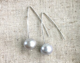 Large Grey Freshwater Pearl Earrings Sterling Silver Dangle Long Drop Wedding Bridesmaid Tribal