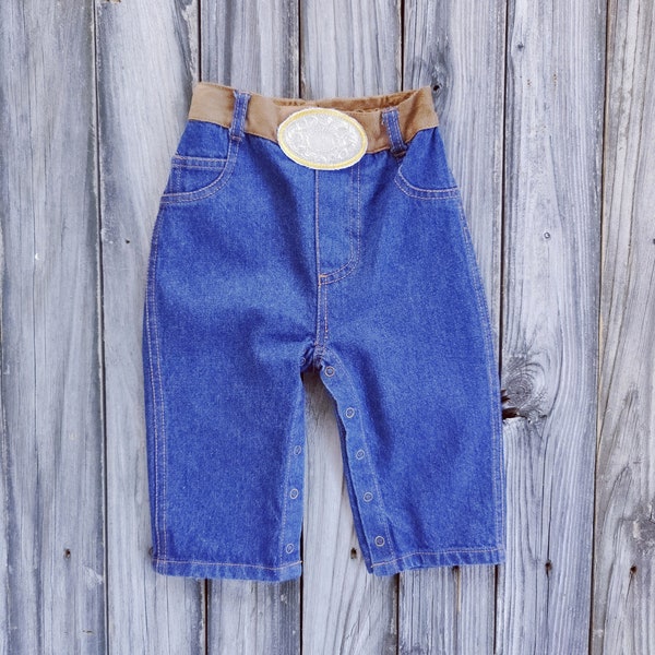 Western Cowboy Cowgirl Denim Jeans With Soft Belt Buckle for Baby, Toddler, Unisex