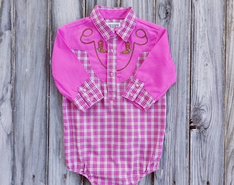 Girl's Western Cowgirl Pink Plaid Bodysuit - Baby, Toddler