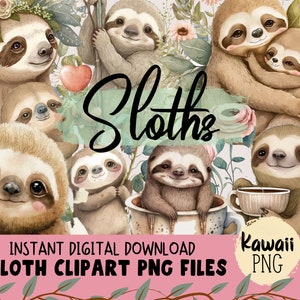 Cute Sloth PNG Files, Watercolor Sloth Clipart With Floral Elements
