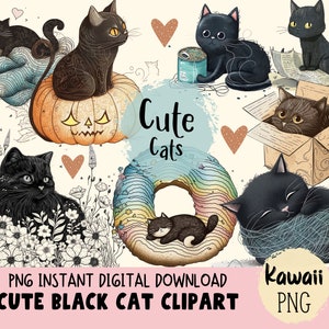 Black Cats Clipart Cute Cat Kawaii Kitten Witchy Cat PNG Funny Cat Graphics For Commerical Use