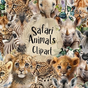 Animales de safari para bebés en acuarela, imágenes prediseñadas para baby shower, decoración de cumpleaños en la jungla para niños, animales para bebés PNG