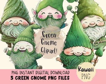Green Gnome Clipart PNG Cute Watercolor Gnome Clipart Magical Garden Gnome Digital Files Bundle For Commercial Use