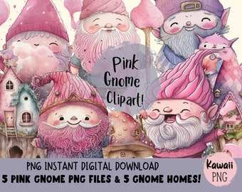 Pink Gnome Clipart PNG Bundle Cute Watercolor Gnome House Clipart PNG Magical Garden Gnome Clipart Digital Files For Commercial Use