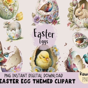 Easter Eggs Clipart, Digital Floral Painted Eggs Clip Art Illustrations, Baby Easter Animal PNG Bundle For Commercial Use