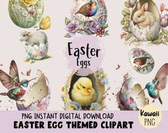 Easter Eggs Clipart, Digital Floral Painted Eggs Clip Art Illustrations, Baby Easter Animal PNG Bundle For Commercial Use