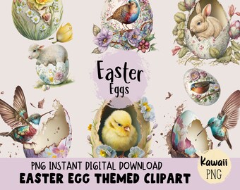 Ostereier Clipart, digitale Illustrationen für bemalte Eier, Baby-Ostern-Tier PNG-Bundle für den kommerziellen Gebrauch