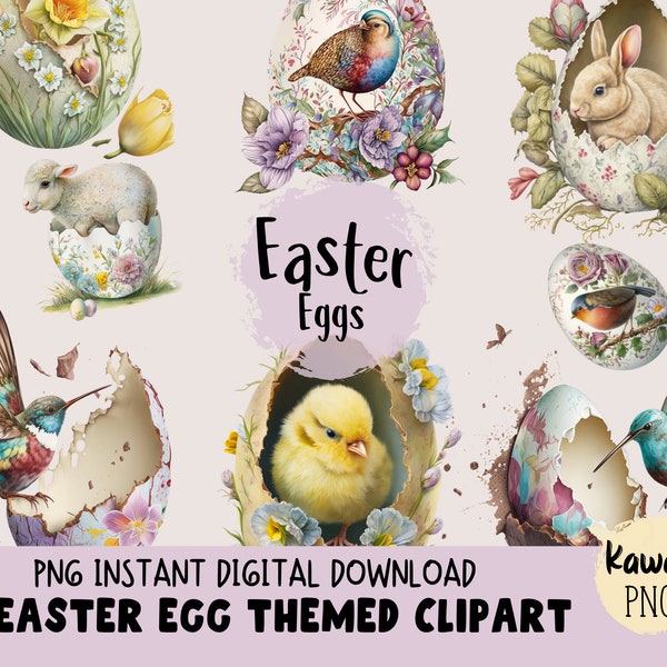 Imágenes prediseñadas de huevos de Pascua, ilustraciones digitales de imágenes prediseñadas de huevos pintados con flores, paquete PNG de animales de Pascua para uso comercial