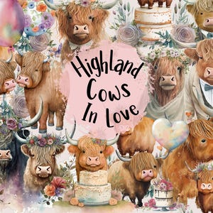 Highland Kuh PNG Aquarell Hochzeit Clipart Süße Kuh Paar Clip Art Dateien für Hochzeitseinladungen & mehr